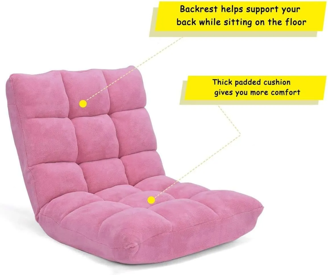 14-Position Floor Sofa, Folding Gaming Sofa Chair, Comfy Cushions & Study Steel Frame, Angle Adjustable Sleeper Bed, Couch Recliner (Pink)