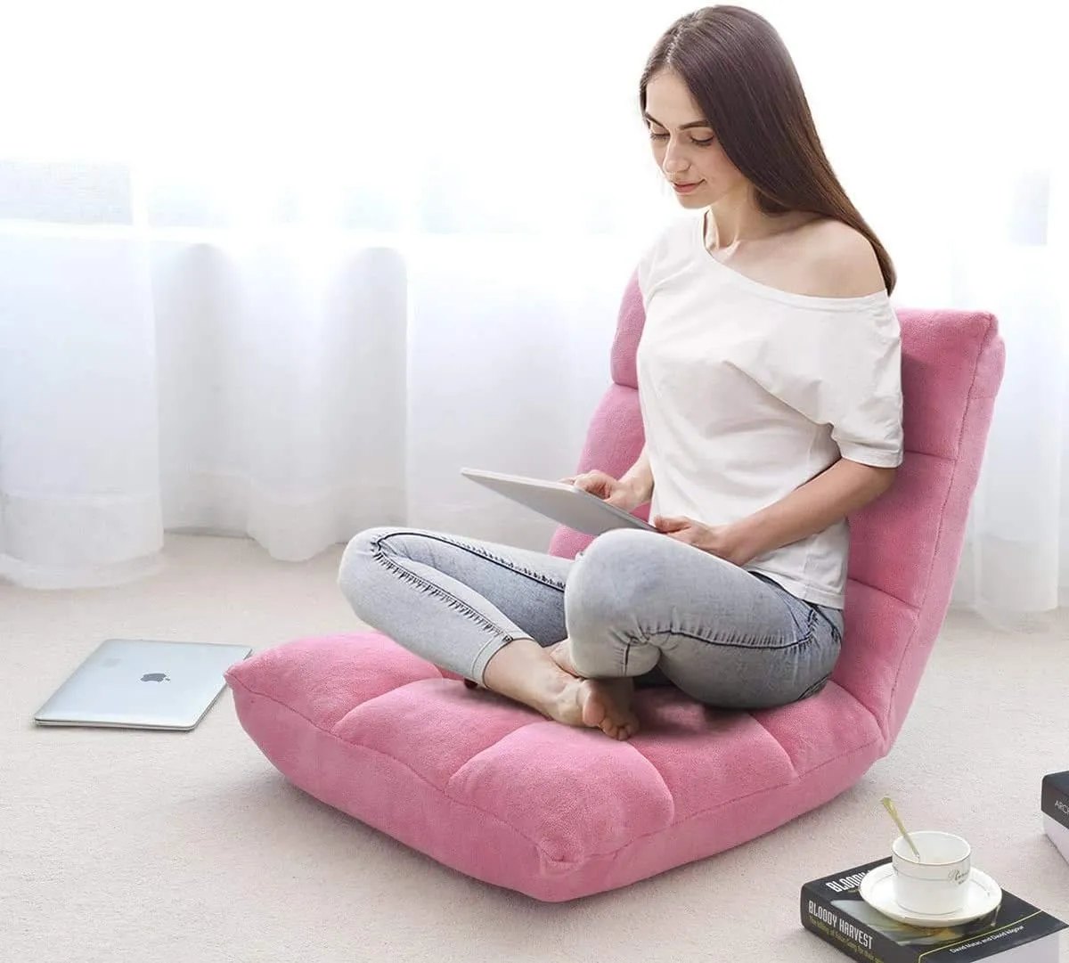 14-Position Floor Sofa, Folding Gaming Sofa Chair, Comfy Cushions & Study Steel Frame, Angle Adjustable Sleeper Bed, Couch Recliner (Pink)