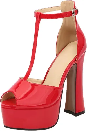14CM/5.51IN Women Solid Color Temperament T-Strap Open-Toe Platform Buckle Strappy Sandals Court Shoes Ladies Sexy Pole Dancer Stripper Heel Stiletto Party Sandals