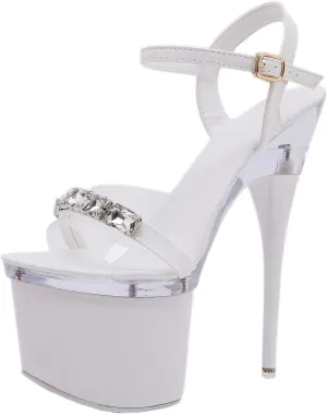 17CM/6.69IN Women's Fashion Personality Classic Rhinestones Heels Open Toe Platform Buckle Strappy High Heels Sandals Court Shoes Pole Dancer Stripper Party Sandals
