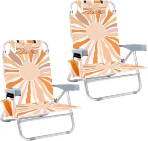 2 Pack Beach Chairs for Adult, Folding Backpack Beach Chairs with Cooler, Cup Holder, Towel Bar & Storage Pouch, 5 Reclining Positions Lay Flat Portable Lounger, Lightweight Aluminum Frame – Sun Burst