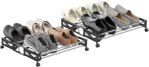 2 Pack Under Bed Shoe Storage with Wheels Fixable Underbed Shoe Rack Easy Assembly Holds 8 pairs of shoes Under Bed Shoe Organizer for Bedroom Space Saving Easy Pull out Black