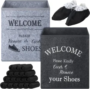 2 Pcs Shoe Covers Box with 200 Pcs Disposable Non Slip Shoe Covers Booties Foot Dispenser Holder Foldable Storage Box for Indoors Open House Supplies, 10 x 10 x 11 Inch(Black)