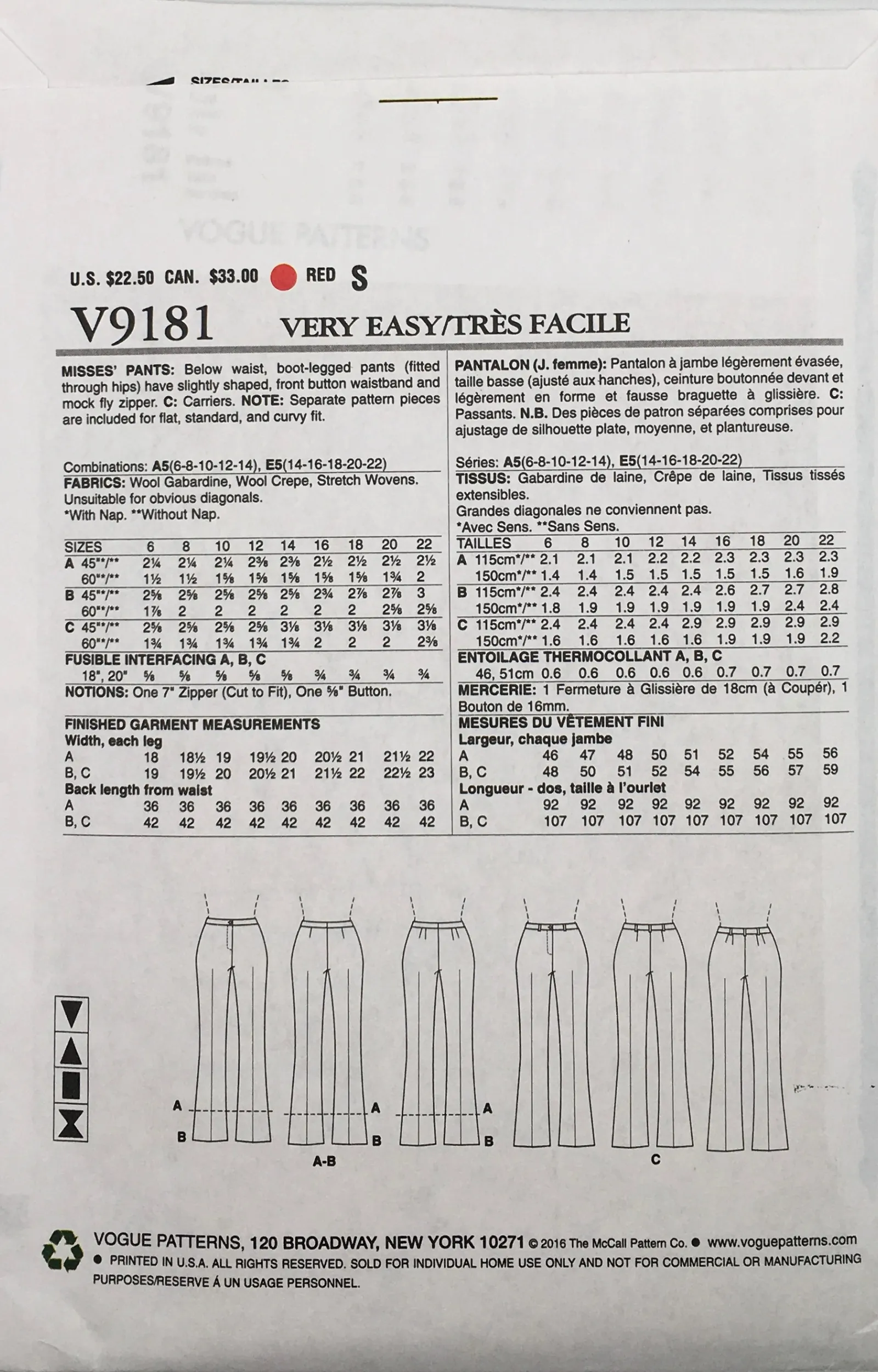 2016 Sewing Pattern: Vogue V9181
