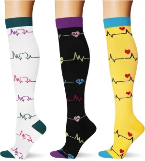 (3 pairs) Compression Socks 20-30 mmHg Long Knee High Socks for Women Men Support Athletic Travel Daily Wear