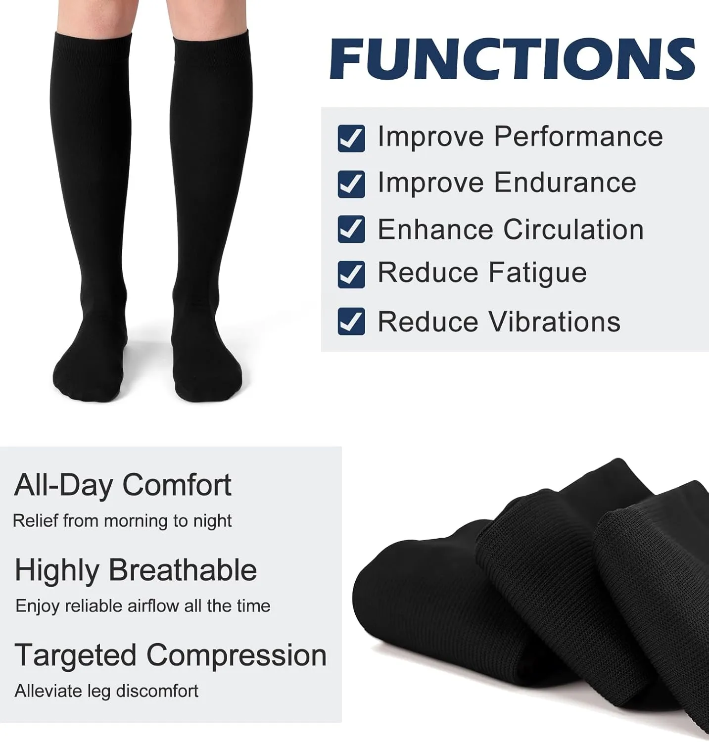 (3 pairs) Compression Socks 20-30 mmHg Long Knee High Socks for Women Men Support Athletic Travel Daily Wear