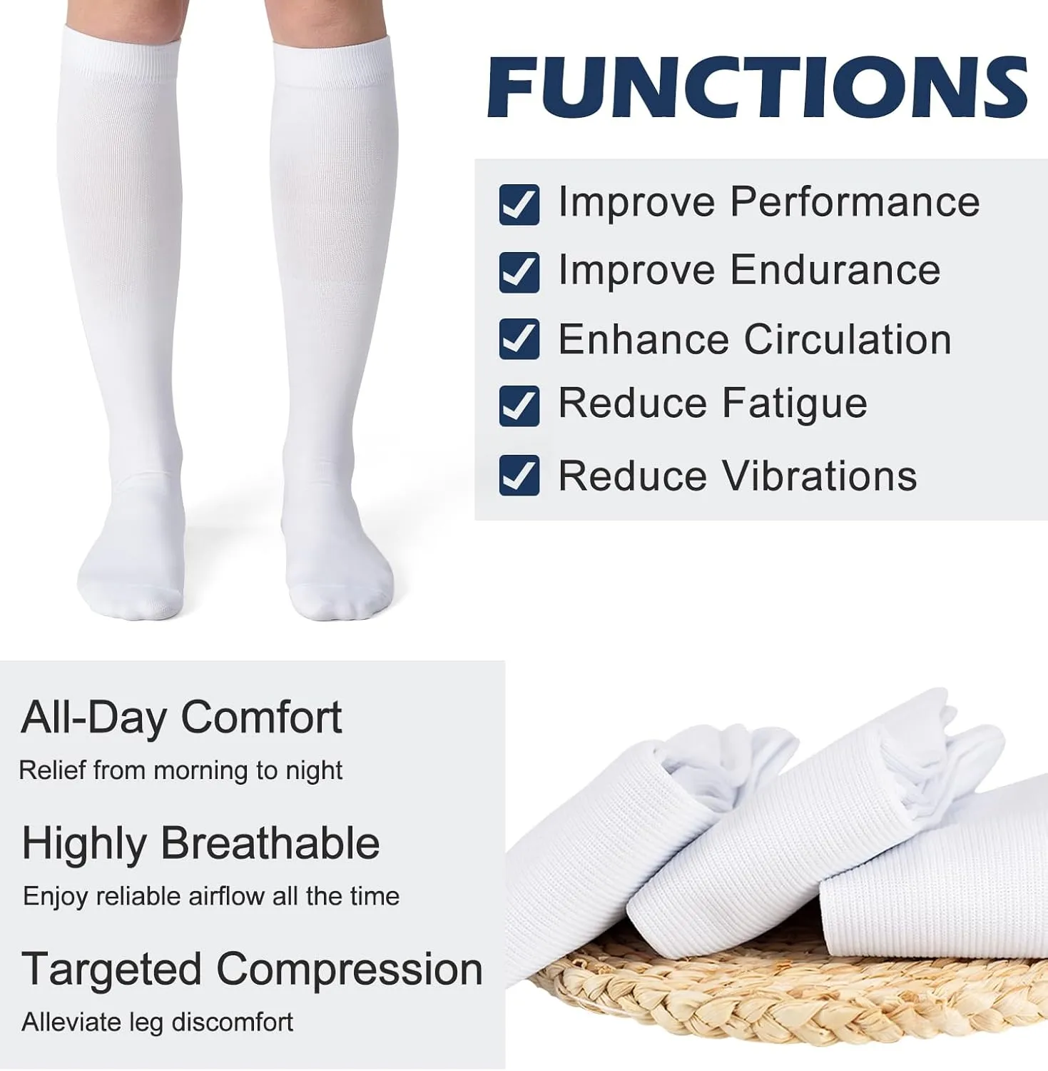 (3 pairs) Compression Socks 20-30 mmHg Long Knee High Socks for Women Men Support Athletic Travel Daily Wear
