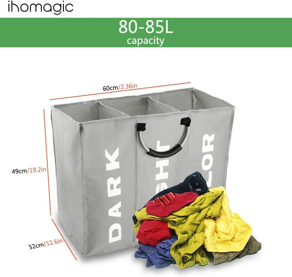 3 Sections Large Laundry Hamper, Laundry Bag Collapsible, Foldable Fabric Clothes Sorter Storage Bag with Carry Handles for Dirty Clothes for Home Bathroom Dormitory 85L 23.6x12.6in Grey