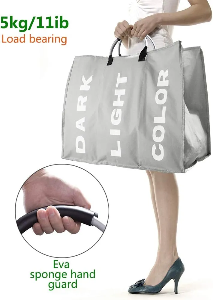 3 Sections Large Laundry Hamper, Laundry Bag Collapsible, Foldable Fabric Clothes Sorter Storage Bag with Carry Handles for Dirty Clothes for Home Bathroom Dormitory 85L 23.6x12.6in Grey