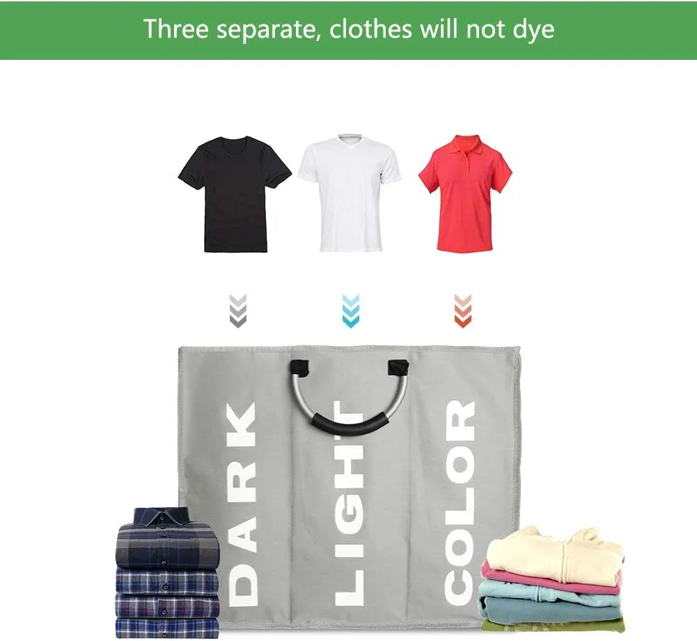 3 Sections Large Laundry Hamper, Laundry Bag Collapsible, Foldable Fabric Clothes Sorter Storage Bag with Carry Handles for Dirty Clothes for Home Bathroom Dormitory 85L 23.6x12.6in Grey