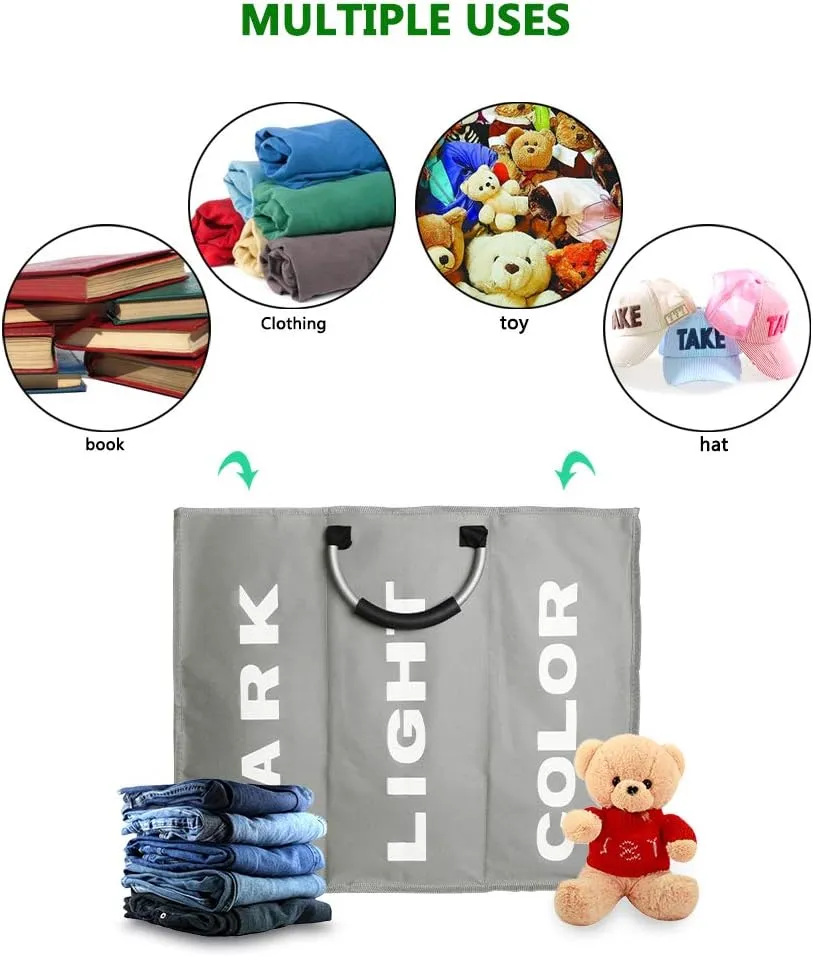 3 Sections Large Laundry Hamper, Laundry Bag Collapsible, Foldable Fabric Clothes Sorter Storage Bag with Carry Handles for Dirty Clothes for Home Bathroom Dormitory 85L 23.6x12.6in Grey
