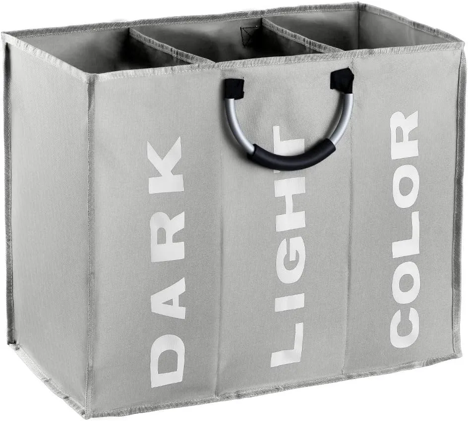 3 Sections Large Laundry Hamper, Laundry Bag Collapsible, Foldable Fabric Clothes Sorter Storage Bag with Carry Handles for Dirty Clothes for Home Bathroom Dormitory 85L 23.6x12.6in Grey