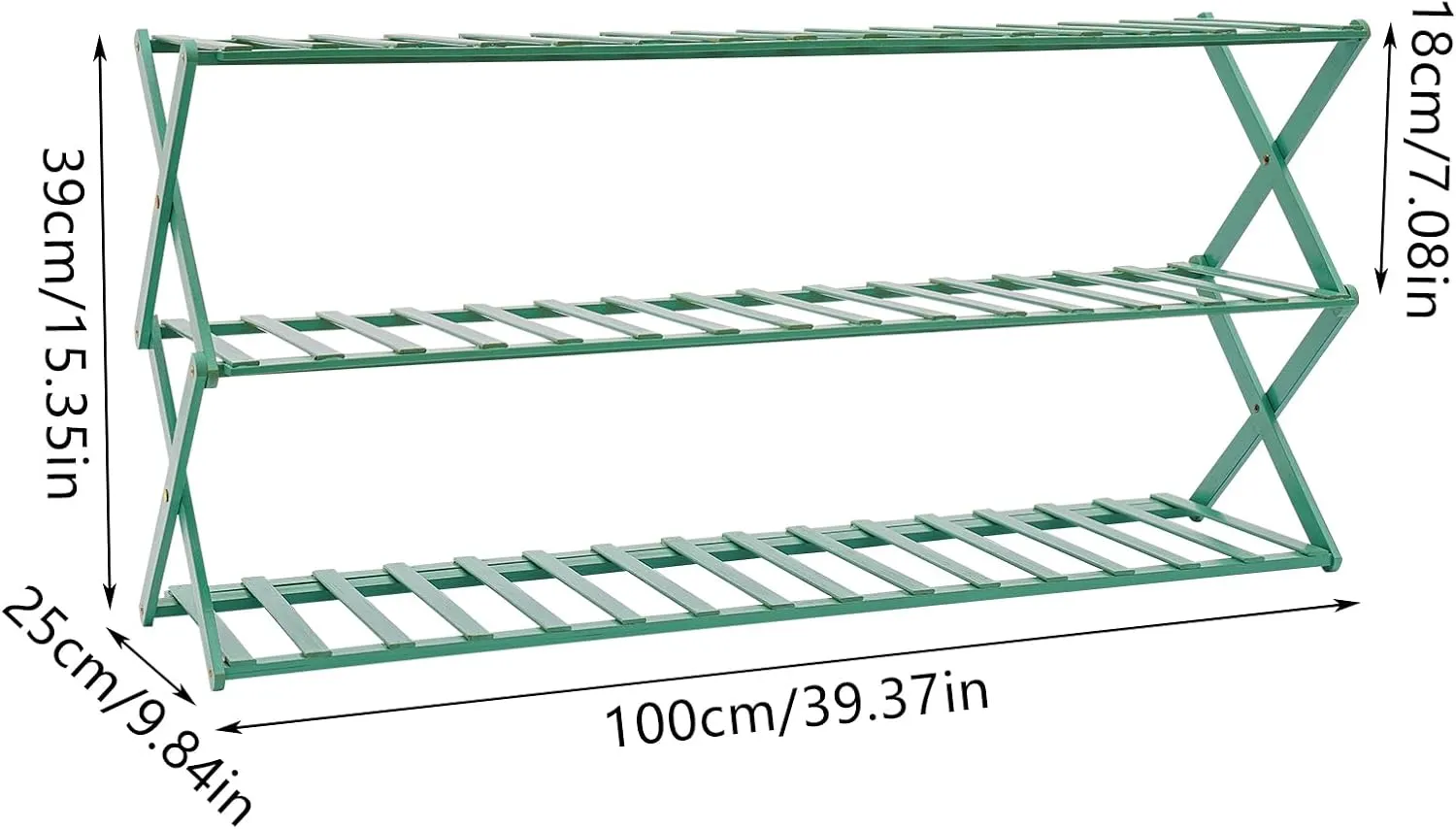 3-Tier Bamboo Folding Shoe Rack 3 Tier 39.37 in Shoe Organizer Adjustable Shoe Shelf Installation-Free Standing Shoe Rack for Closet Porch Living Room Bedroom (Green)