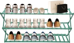 3-Tier Bamboo Folding Shoe Rack 3 Tier 39.37 in Shoe Organizer Adjustable Shoe Shelf Installation-Free Standing Shoe Rack for Closet Porch Living Room Bedroom (Green)