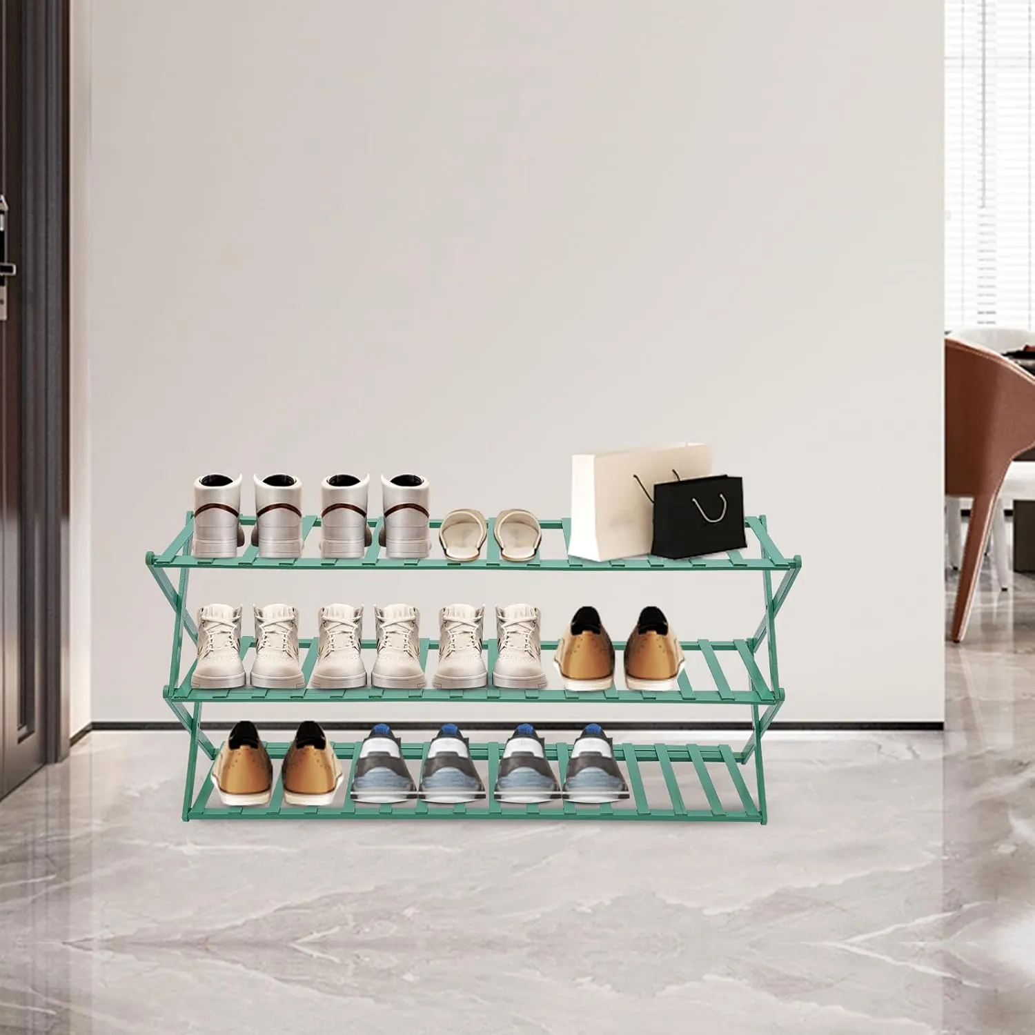 3-Tier Bamboo Folding Shoe Rack 3 Tier 39.37 in Shoe Organizer Adjustable Shoe Shelf Installation-Free Standing Shoe Rack for Closet Porch Living Room Bedroom (Green)