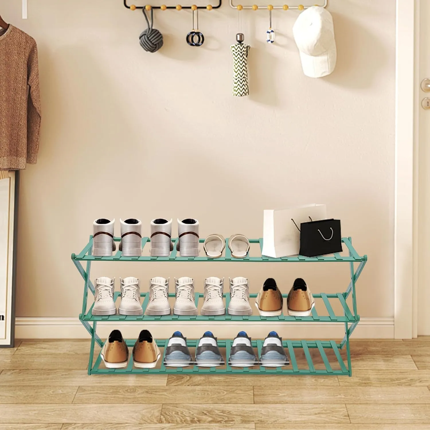 3-Tier Bamboo Folding Shoe Rack 3 Tier 39.37 in Shoe Organizer Adjustable Shoe Shelf Installation-Free Standing Shoe Rack for Closet Porch Living Room Bedroom (Green)