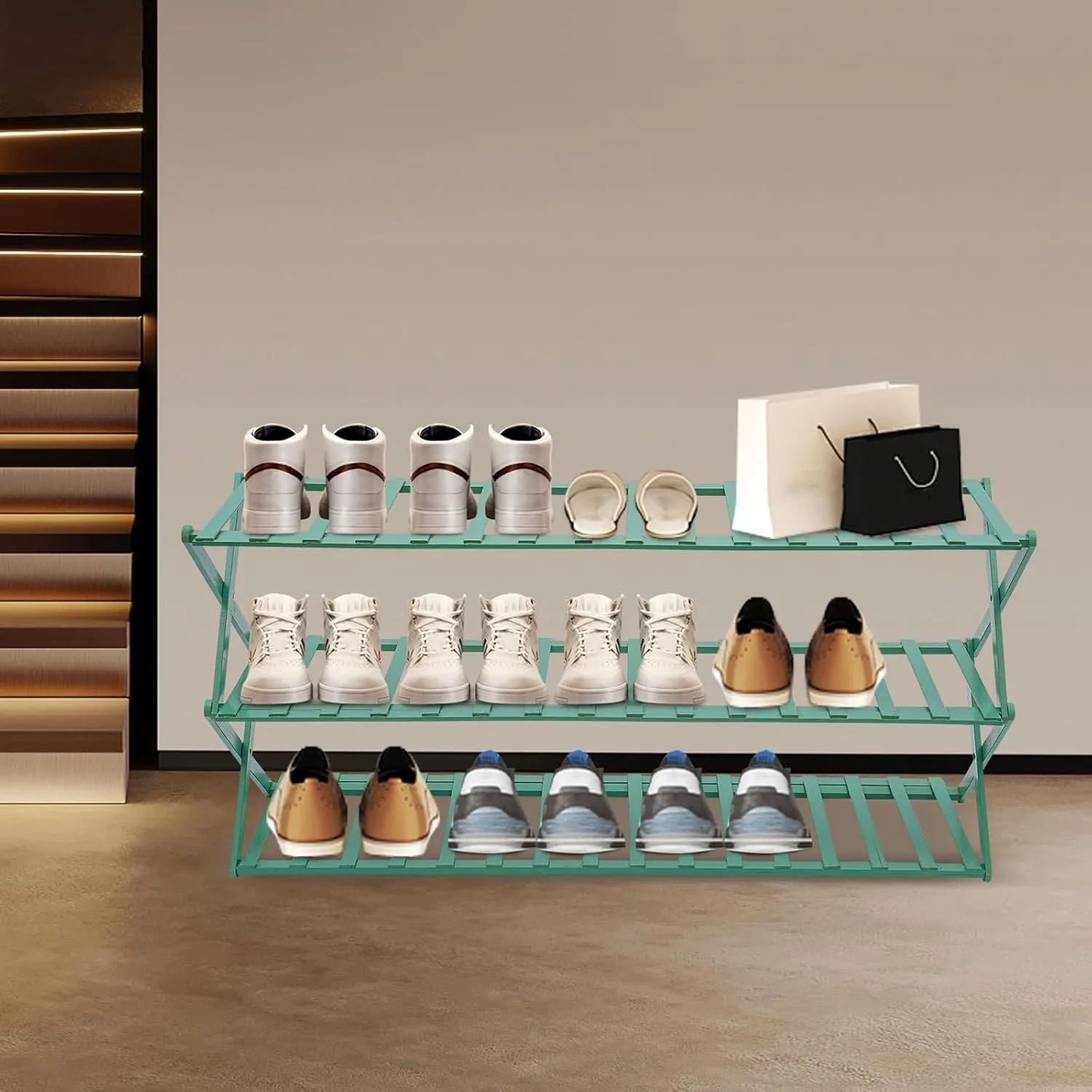 3-Tier Bamboo Folding Shoe Rack 3 Tier 39.37 in Shoe Organizer Adjustable Shoe Shelf Installation-Free Standing Shoe Rack for Closet Porch Living Room Bedroom (Green)