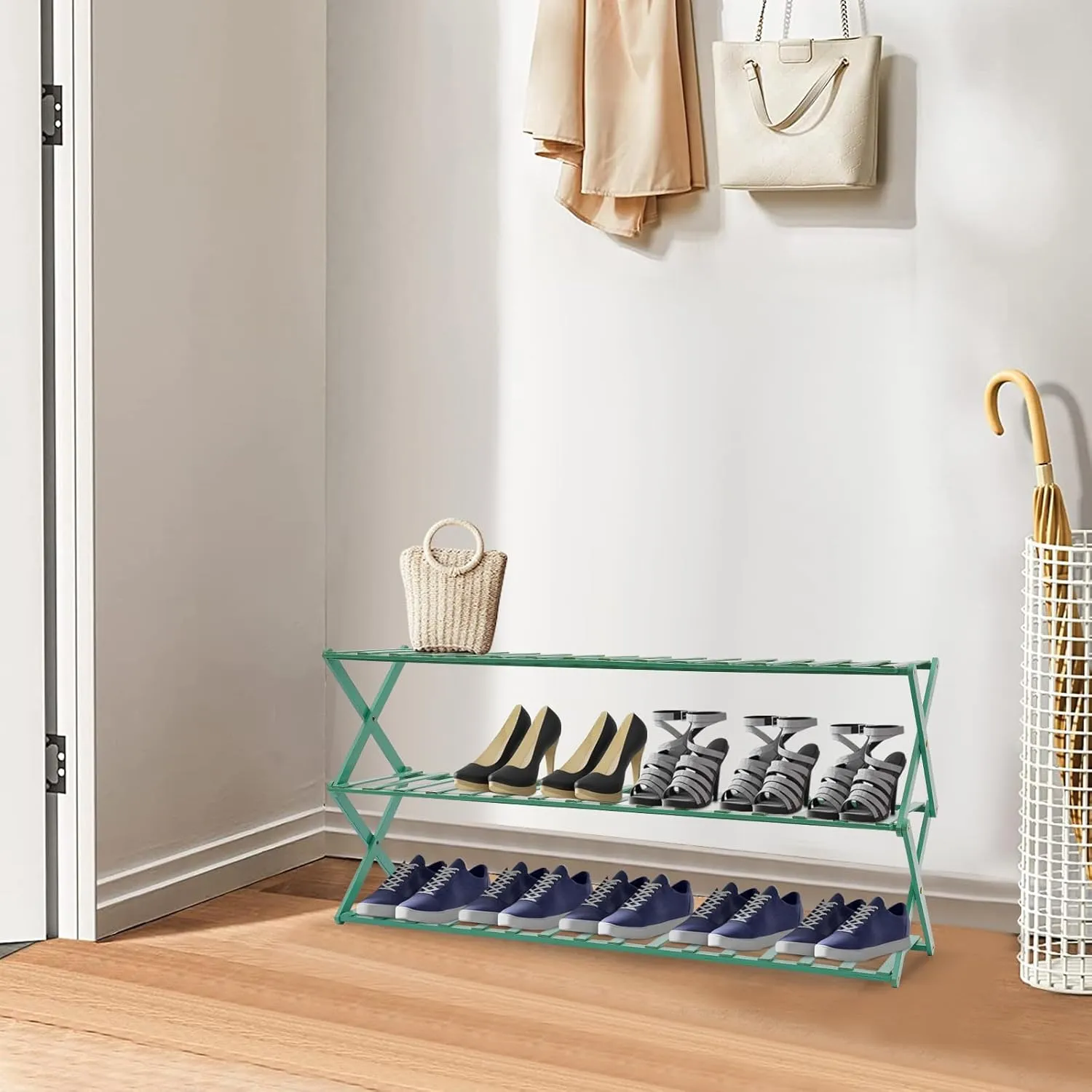 3-Tier Bamboo Folding Shoe Rack 3 Tier 39.37 in Shoe Organizer Adjustable Shoe Shelf Installation-Free Standing Shoe Rack for Closet Porch Living Room Bedroom (Green)