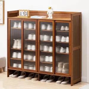 5 Tier Shoe Cabinet, Freestanding Bamboo Shoe Storage Cabinet with Sliding Doors,Modern Shoe Rack Organizers for Entryway Hallway Living Room Bathroom(117x32x106cm(46x12x42in), Walnut)