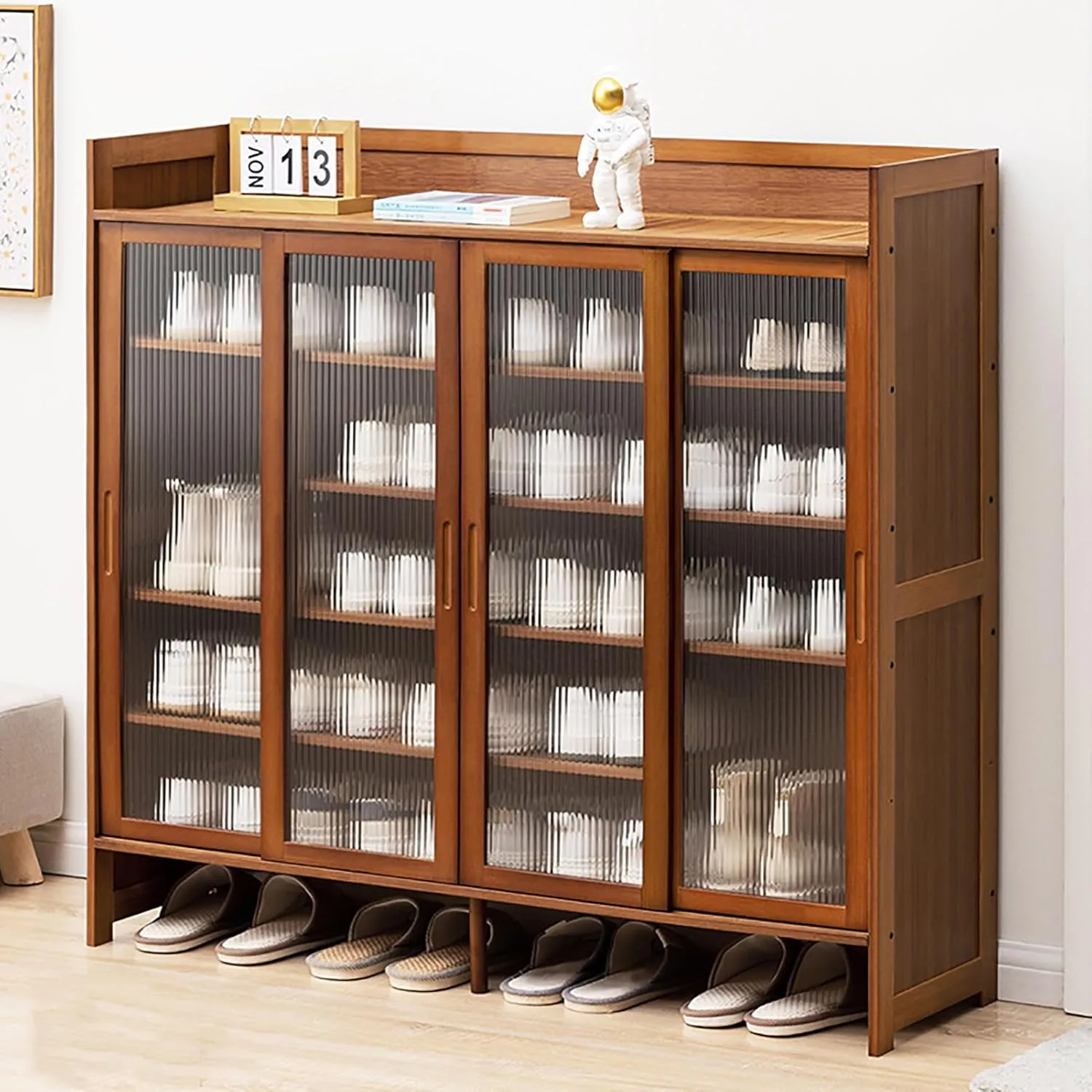 5 Tier Shoe Cabinet, Freestanding Bamboo Shoe Storage Cabinet with Sliding Doors,Modern Shoe Rack Organizers for Entryway Hallway Living Room Bathroom(117x32x106cm(46x12x42in), Walnut)