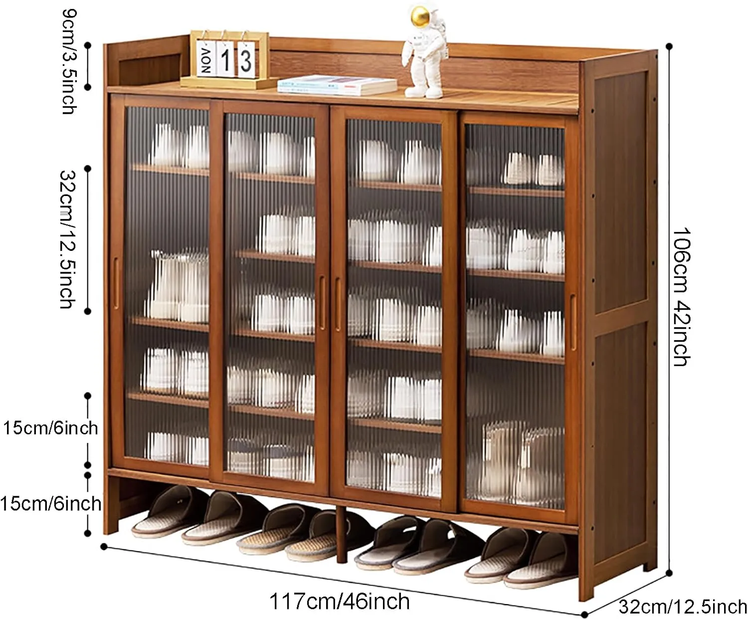 5 Tier Shoe Cabinet, Freestanding Bamboo Shoe Storage Cabinet with Sliding Doors,Modern Shoe Rack Organizers for Entryway Hallway Living Room Bathroom(117x32x106cm(46x12x42in), Walnut)