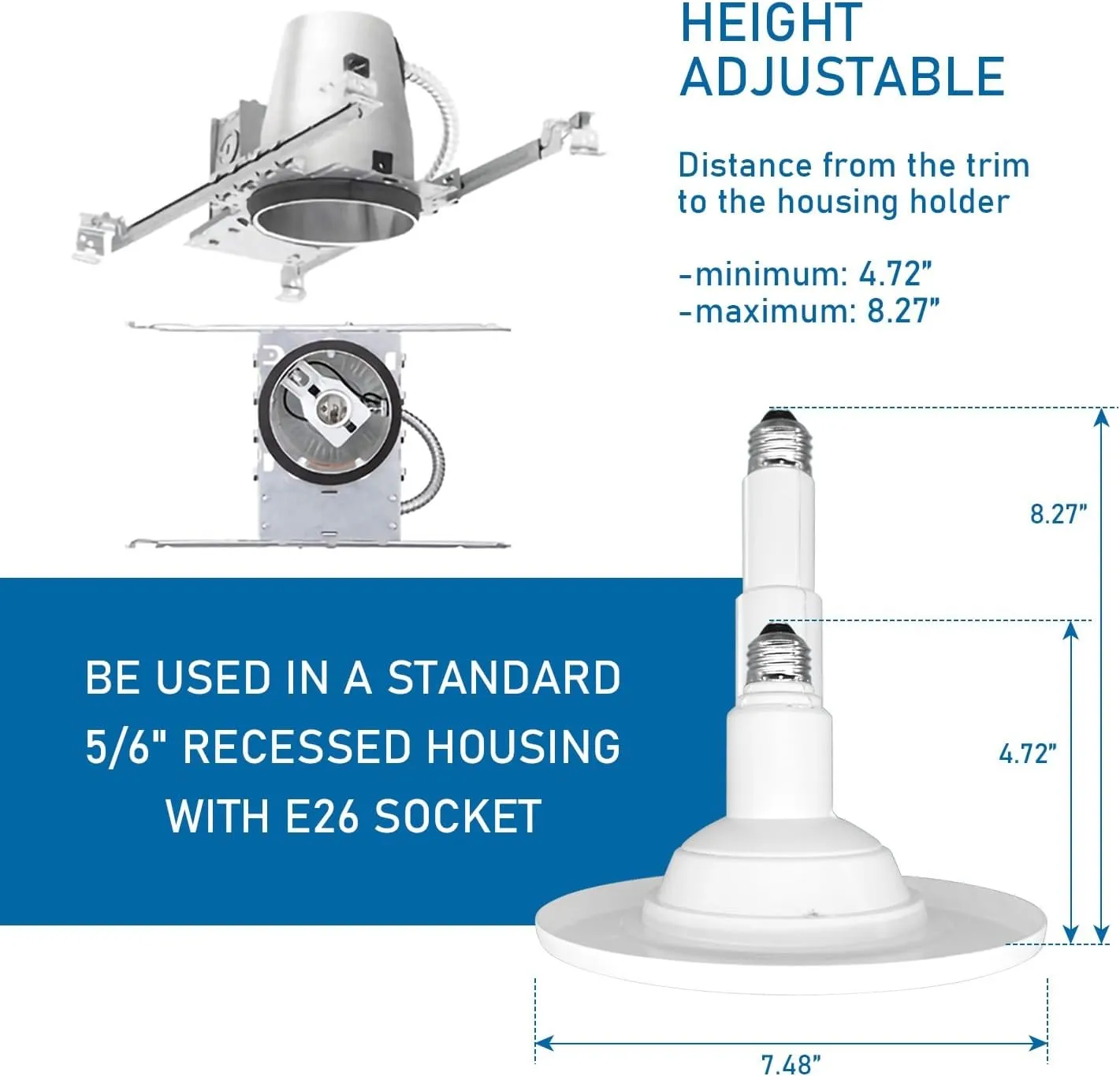 5/6 Inch 5CCT Retrofit LED Recessed Lighting 6 Pack, Adjustable 5CCT 2700K-5000K, LED Replacement Can Lights,Dimmable,12=60W, E26 Base, Flat Trim,Easy Retrofit Downlight Installation.