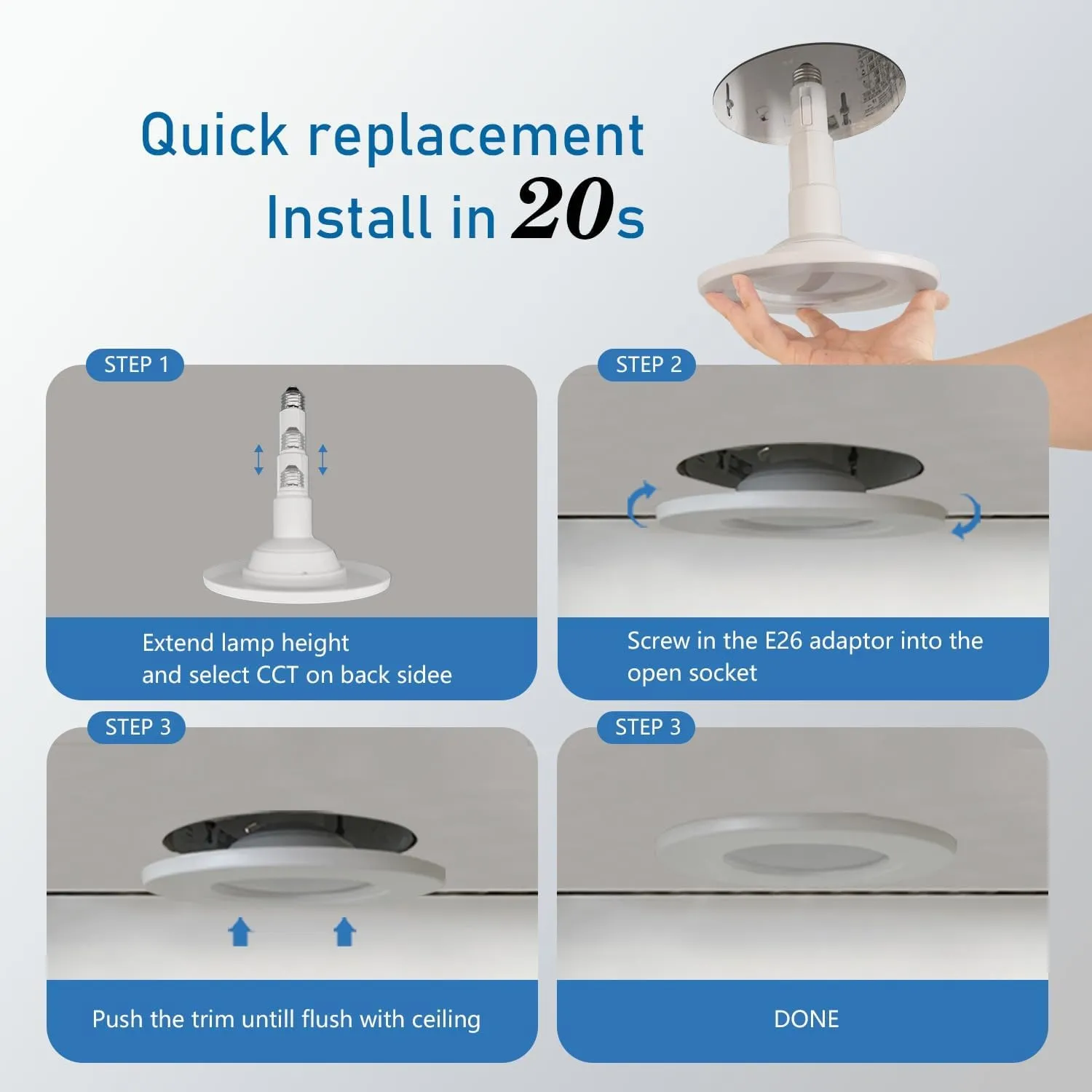 5/6 Inch 5CCT Retrofit LED Recessed Lighting 6 Pack, Adjustable 5CCT 2700K-5000K, LED Replacement Can Lights,Dimmable,12=60W, E26 Base, Flat Trim,Easy Retrofit Downlight Installation.