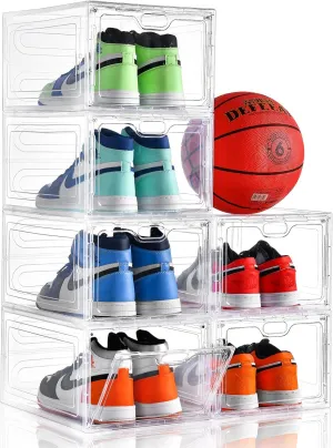6 Pack Large Shoe Storage Box, Clear Shoe Storage Organizer with Magnetic Door, Stackable,Shoe Containers For Display Sneakers, Easy Assembly, Fit up to US Size 12, Clear