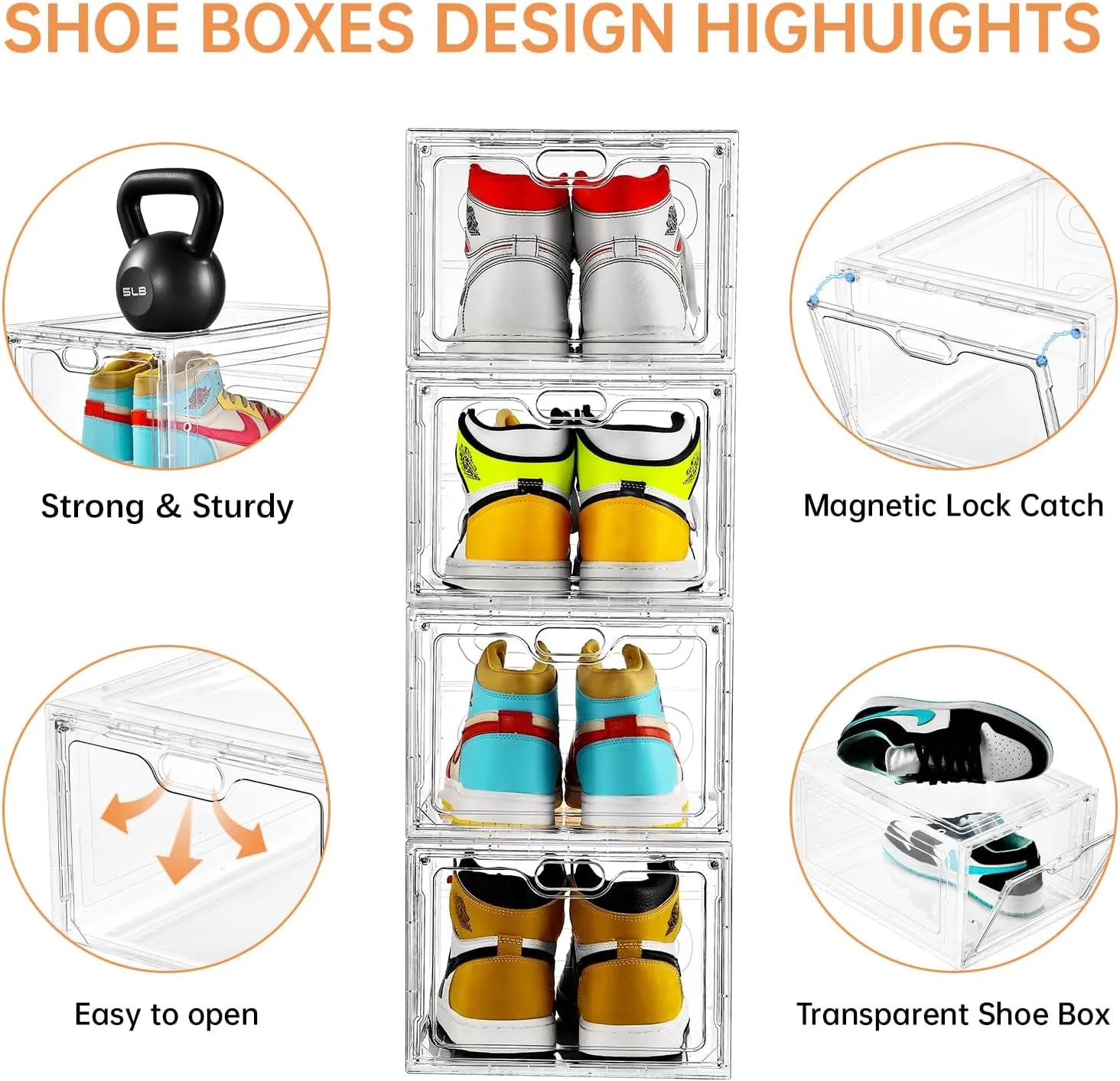 6 Pack Large Shoe Storage Box, Clear Shoe Storage Organizer with Magnetic Door, Stackable,Shoe Containers For Display Sneakers, Easy Assembly, Fit up to US Size 12, Clear