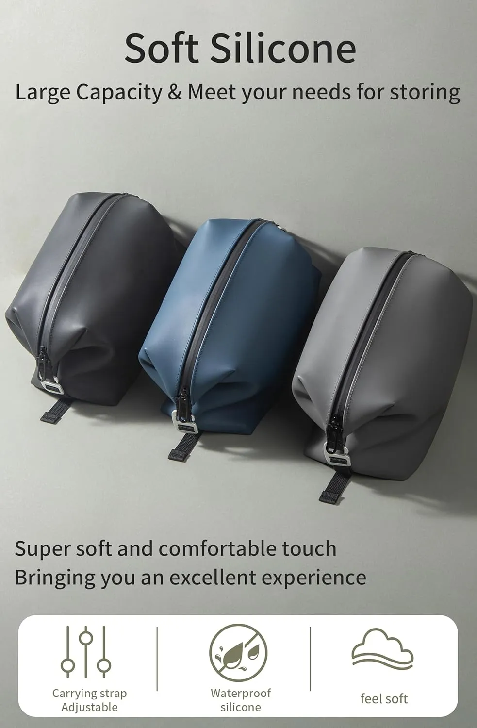 6.5" 3L Large Silicone Dopp Kit,Waterproof Leakproof Toiletry Bag,Foldable Travel Makeup Case for Mens Womens,Black