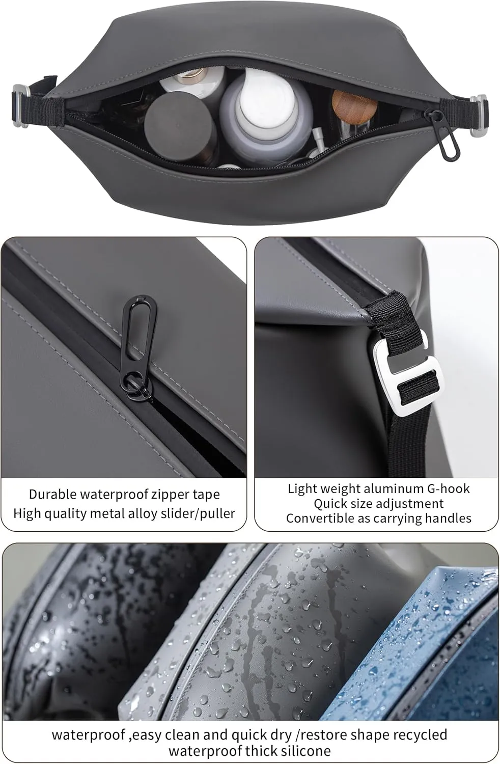 6.5" 3L Large Silicone Dopp Kit,Waterproof Leakproof Toiletry Bag,Foldable Travel Makeup Case for Mens Womens,Black