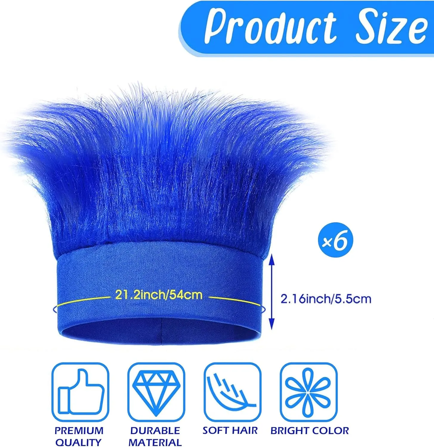 6Pcs Hairy Headbands Trolls Flowy Crazy Hair & Stickers - Spirit Week Accessory Sports Cheering Headwear Costume Props (Hot Pink)