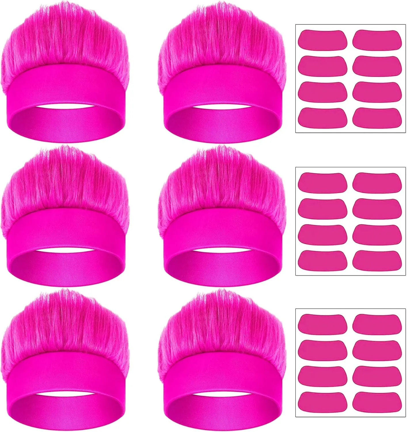 6Pcs Hairy Headbands Trolls Flowy Crazy Hair & Stickers - Spirit Week Accessory Sports Cheering Headwear Costume Props (Hot Pink)