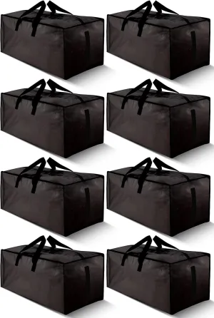 8 Pack Large Strong Bags with Zippers & Carrying Handles - Water-Resistant - Heavy Duty Storage Tote for Space Saving, Fold Flat, Alternative to Moving Box (Black)