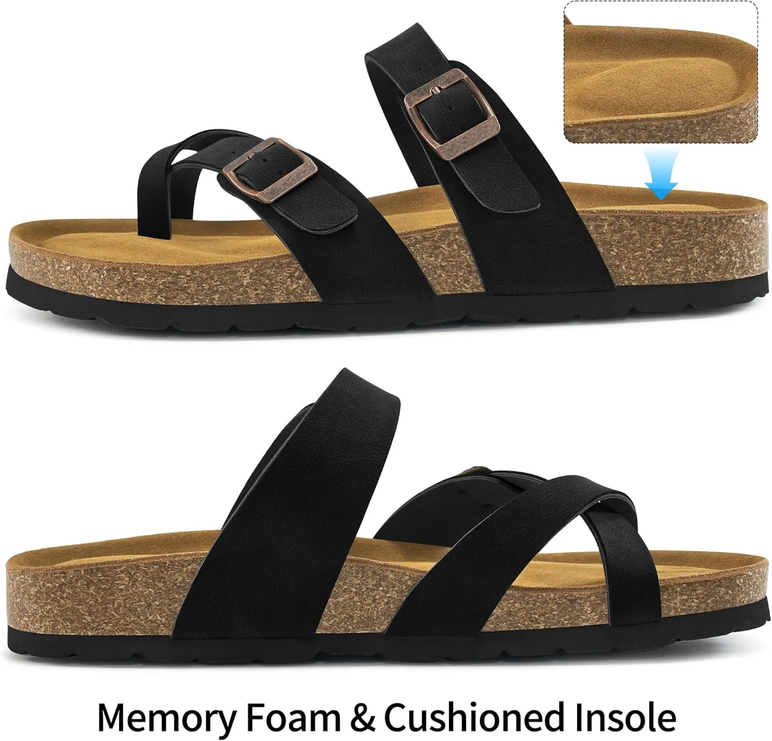 Ablanczoom Comfortable Sandals Womens Slides: Cork Footbed Beach Summer Women Sandal Shoes with Adjustable Buckle