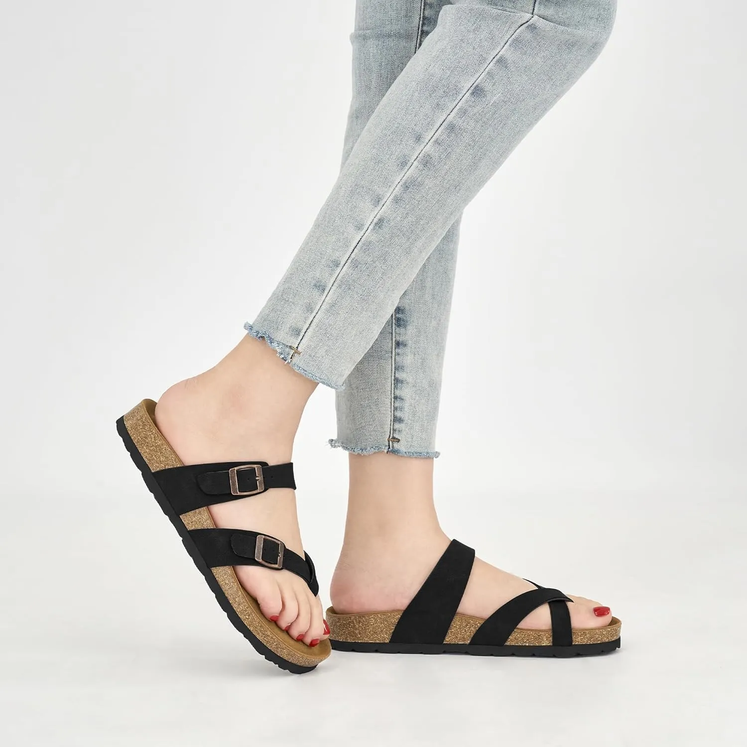 Ablanczoom Comfortable Sandals Womens Slides: Cork Footbed Beach Summer Women Sandal Shoes with Adjustable Buckle