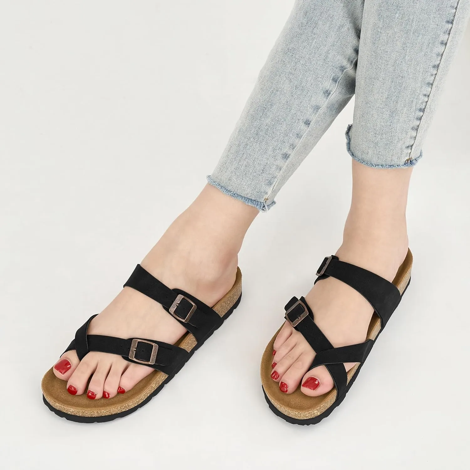 Ablanczoom Comfortable Sandals Womens Slides: Cork Footbed Beach Summer Women Sandal Shoes with Adjustable Buckle