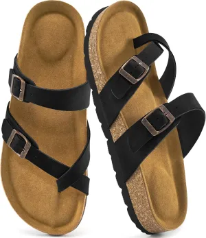 Ablanczoom Comfortable Sandals Womens Slides: Cork Footbed Beach Summer Women Sandal Shoes with Adjustable Buckle