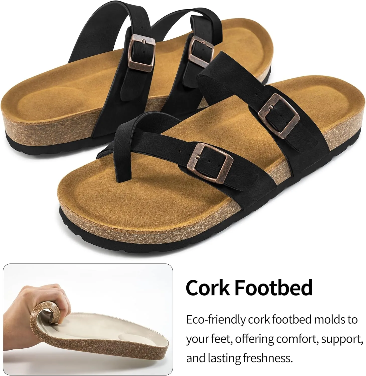 Ablanczoom Comfortable Sandals Womens Slides: Cork Footbed Beach Summer Women Sandal Shoes with Adjustable Buckle