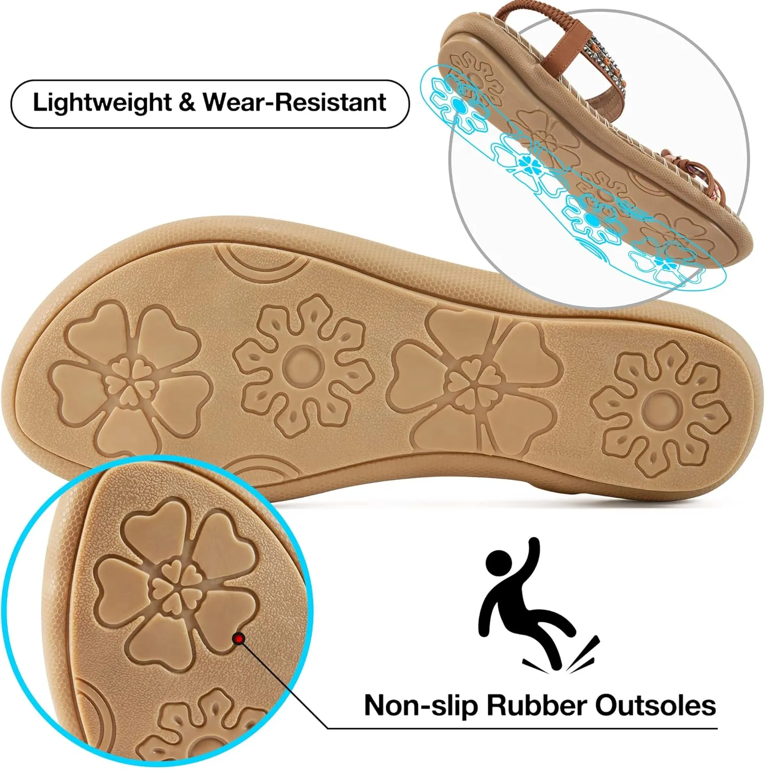 Ablanczoom Womens Sandals Flats Shoes: Comfortable Bohemian Beaded Dressy Summer Flat Casual Ankle Strap Elastic Slip on Beach Sandal