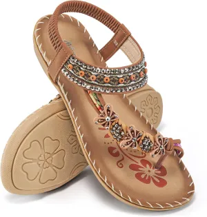 Ablanczoom Womens Sandals Flats Shoes: Comfortable Bohemian Beaded Dressy Summer Flat Casual Ankle Strap Elastic Slip on Beach Sandal