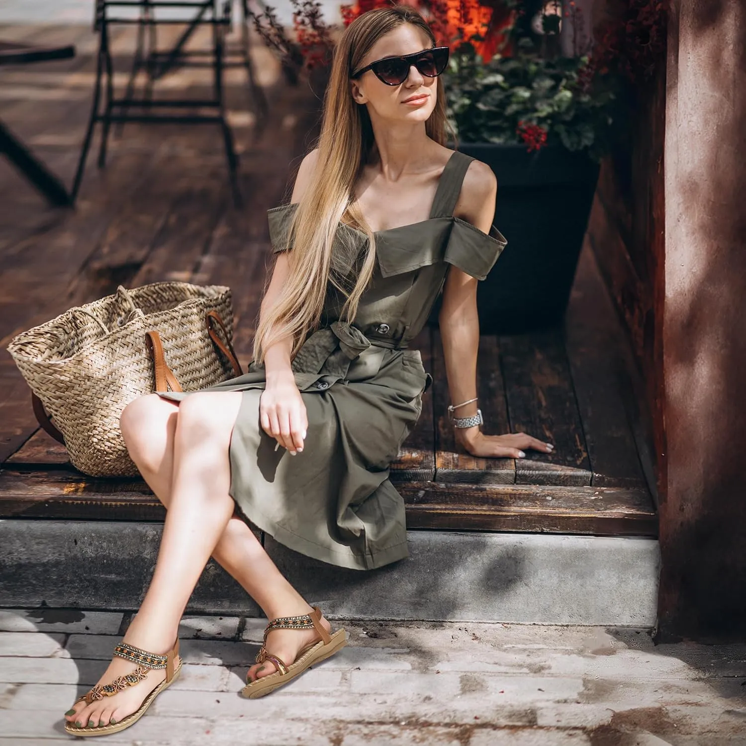 Ablanczoom Womens Sandals Flats Shoes: Comfortable Bohemian Beaded Dressy Summer Flat Casual Ankle Strap Elastic Slip on Beach Sandal