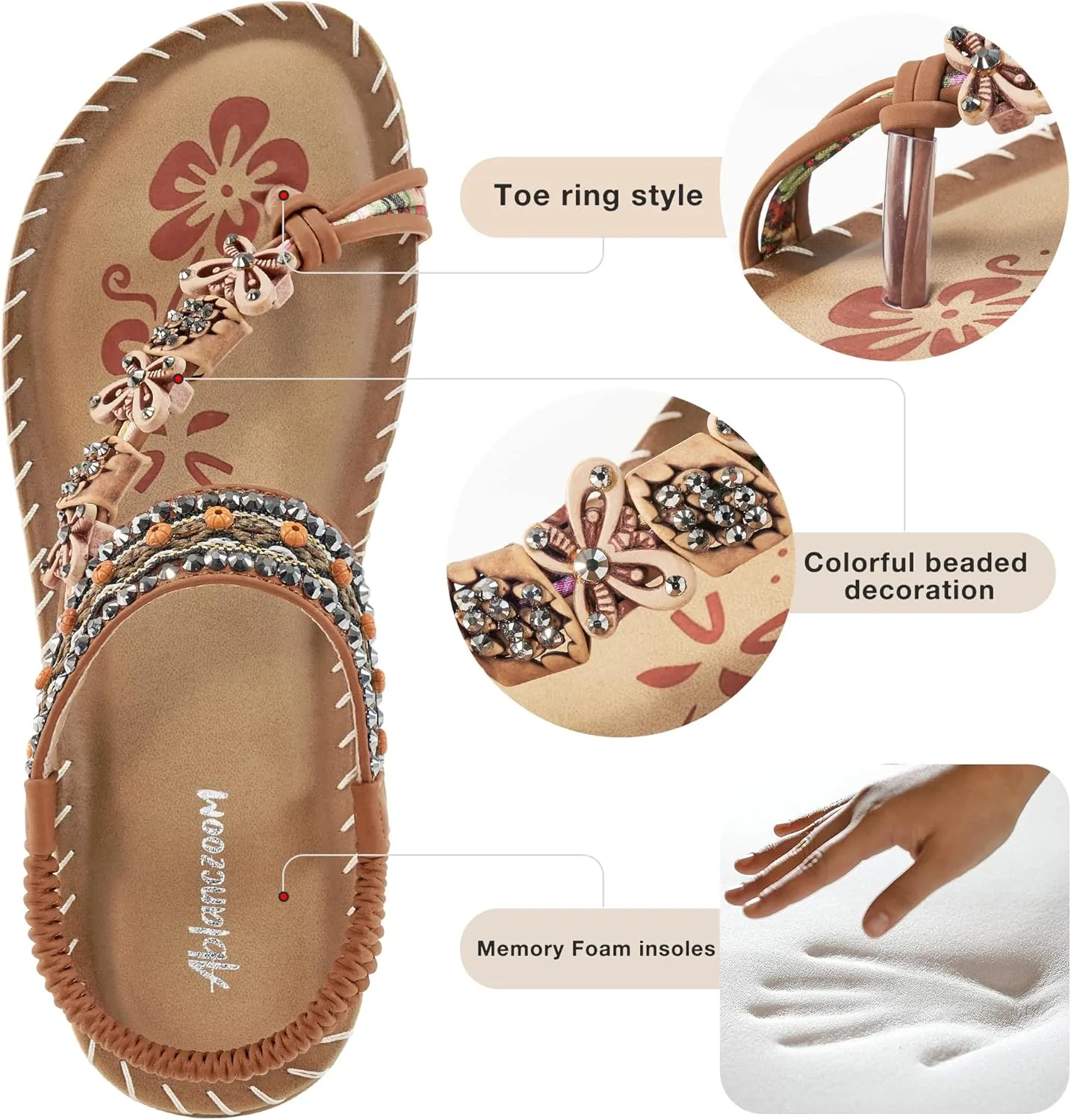 Ablanczoom Womens Sandals Flats Shoes: Comfortable Bohemian Beaded Dressy Summer Flat Casual Ankle Strap Elastic Slip on Beach Sandal