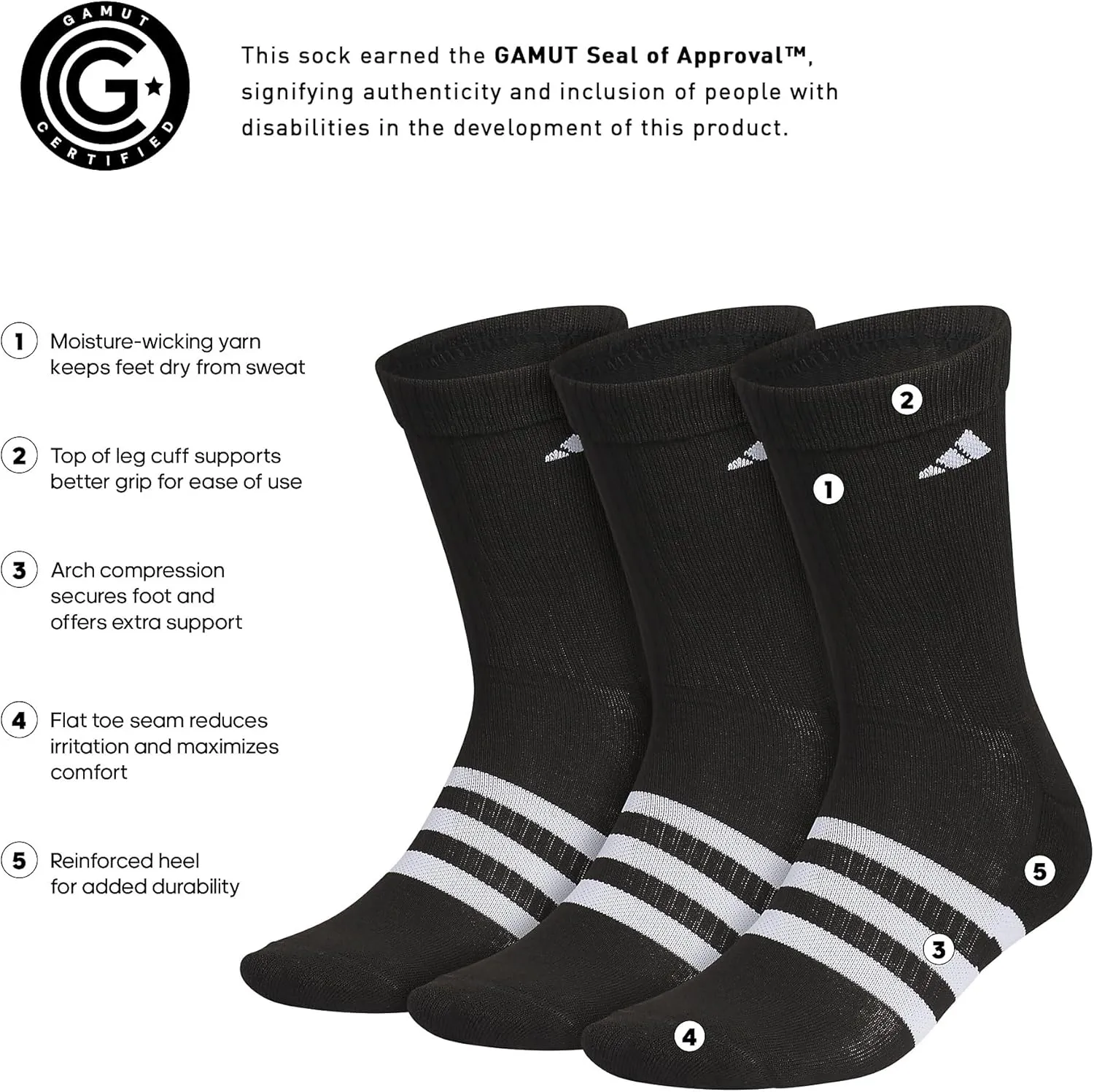 adidas Adaptive Crew Socks (3-Pairs) with Durable Reinforced Cuff for Easy Self-Dressing