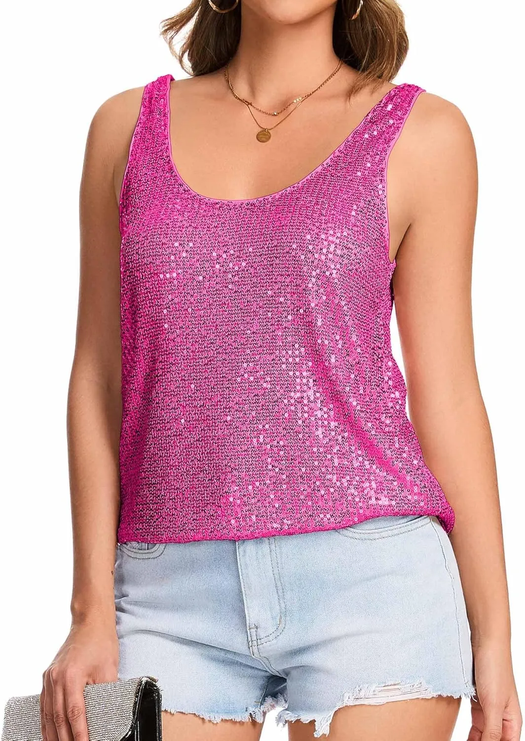 Ainuno Sequin Tops for Women Sparkly Tank Tops Sleeveless Sparkle Tanks Fashion Outfit Top