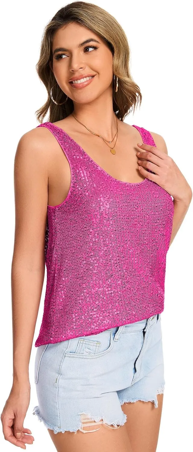 Ainuno Sequin Tops for Women Sparkly Tank Tops Sleeveless Sparkle Tanks Fashion Outfit Top