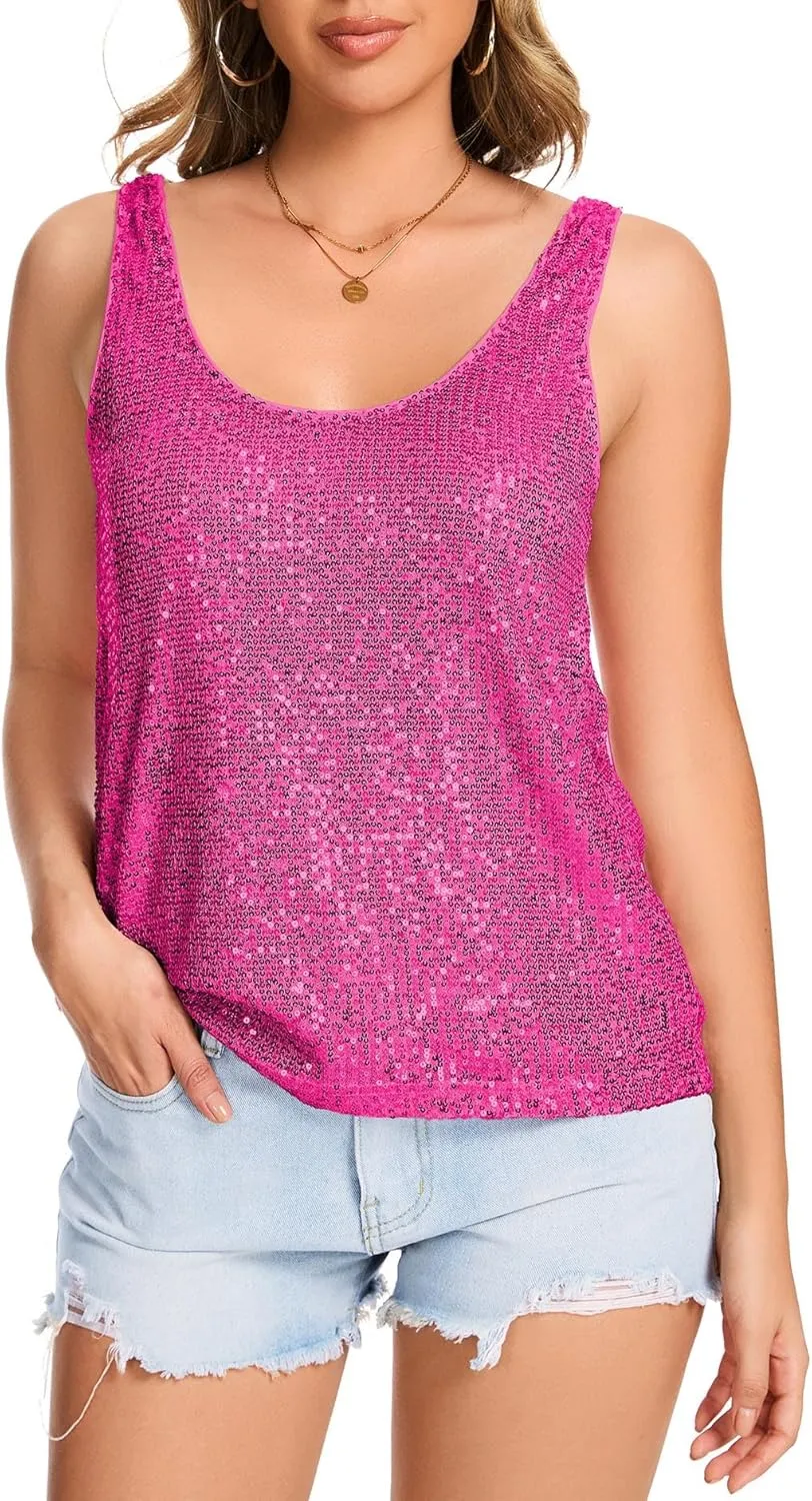 Ainuno Sequin Tops for Women Sparkly Tank Tops Sleeveless Sparkle Tanks Fashion Outfit Top