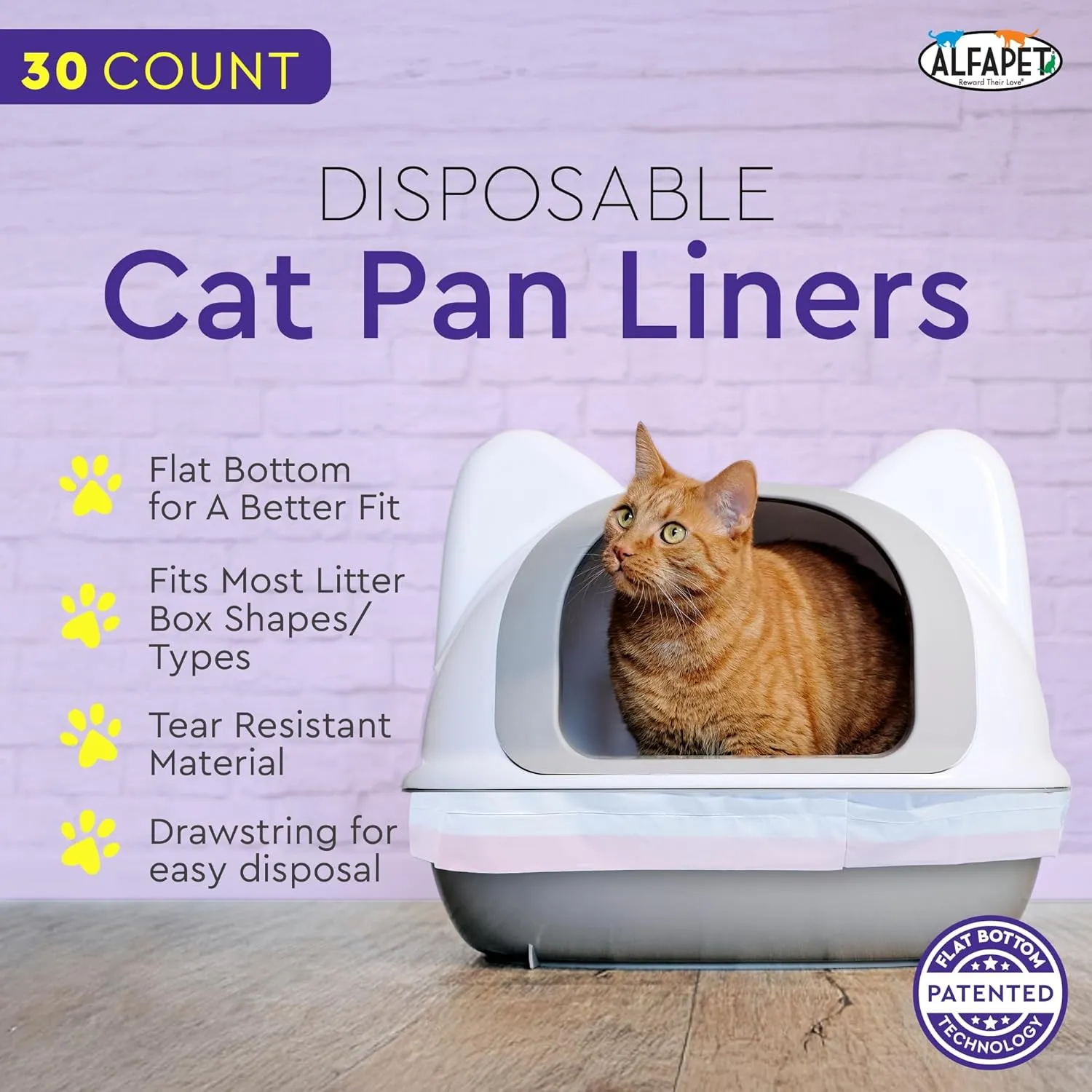 Alfapet Extra Large cat Litter Box Liners-6 Boxes- Heavy Duty 2 mil Thick Plastic, Clever Drawstring Liner for Easy Disposal- Flat Bottom for Easy, Secure Placement in Kitty Pan-Disposable