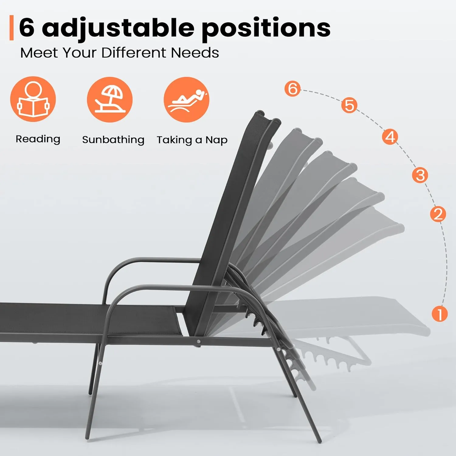 Aluminum Outdoor Chaise Lounge Chairs Set of 2, Patio Chaise Lounge with Adjustable Backrest & Armrest, Pool Lounge Chairs Heavy Duty for Outside, Lawn, Yard, Patio, Pool(2pcs,Black)