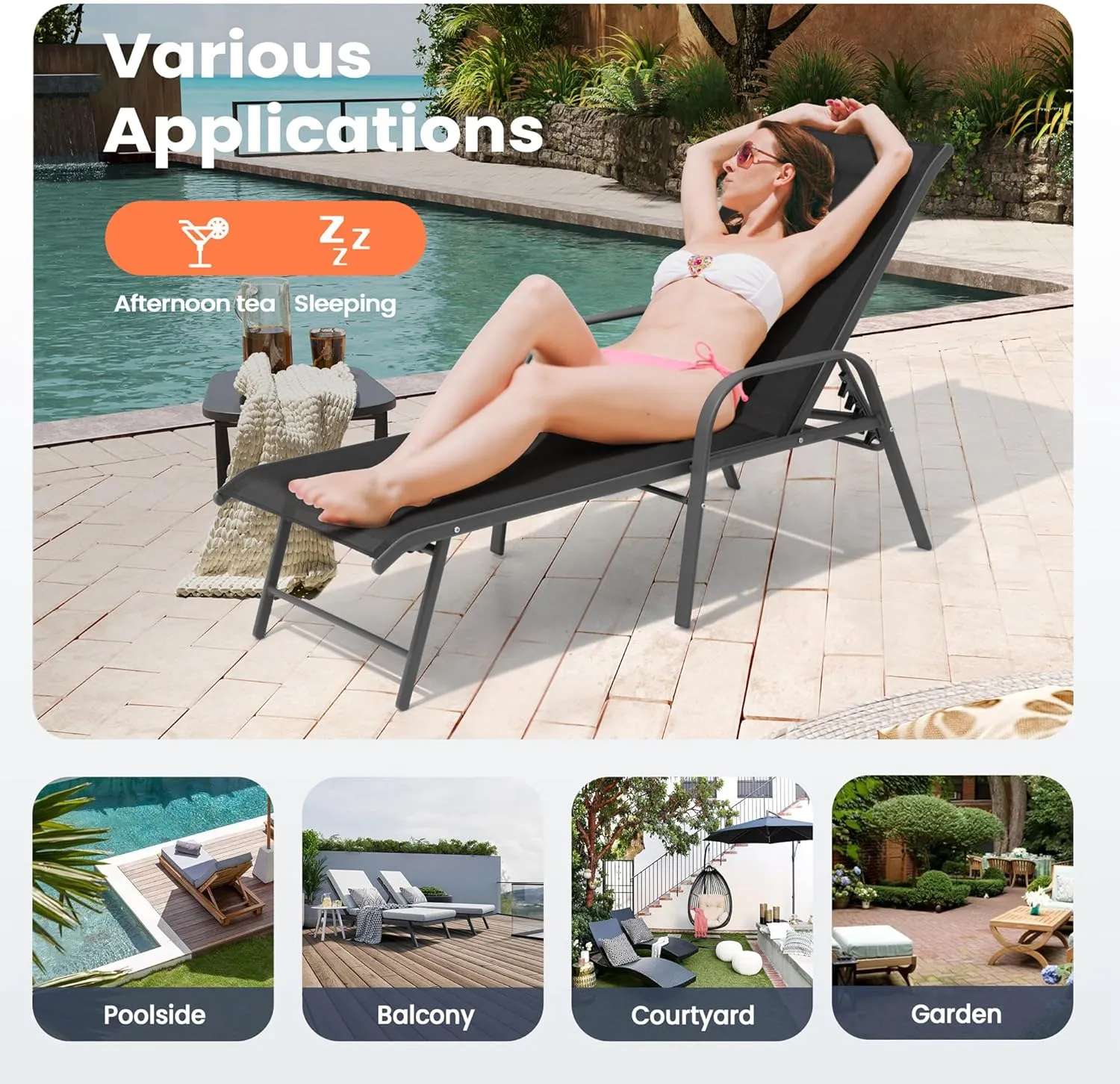 Aluminum Outdoor Chaise Lounge Chairs Set of 2, Patio Chaise Lounge with Adjustable Backrest & Armrest, Pool Lounge Chairs Heavy Duty for Outside, Lawn, Yard, Patio, Pool(2pcs,Black)